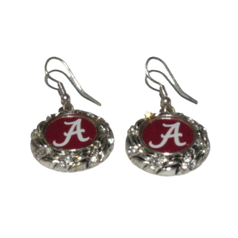 Alabama Crimson Tide Dangle Earrings Silver-Tone Crystal Accents "A" Logo On Red